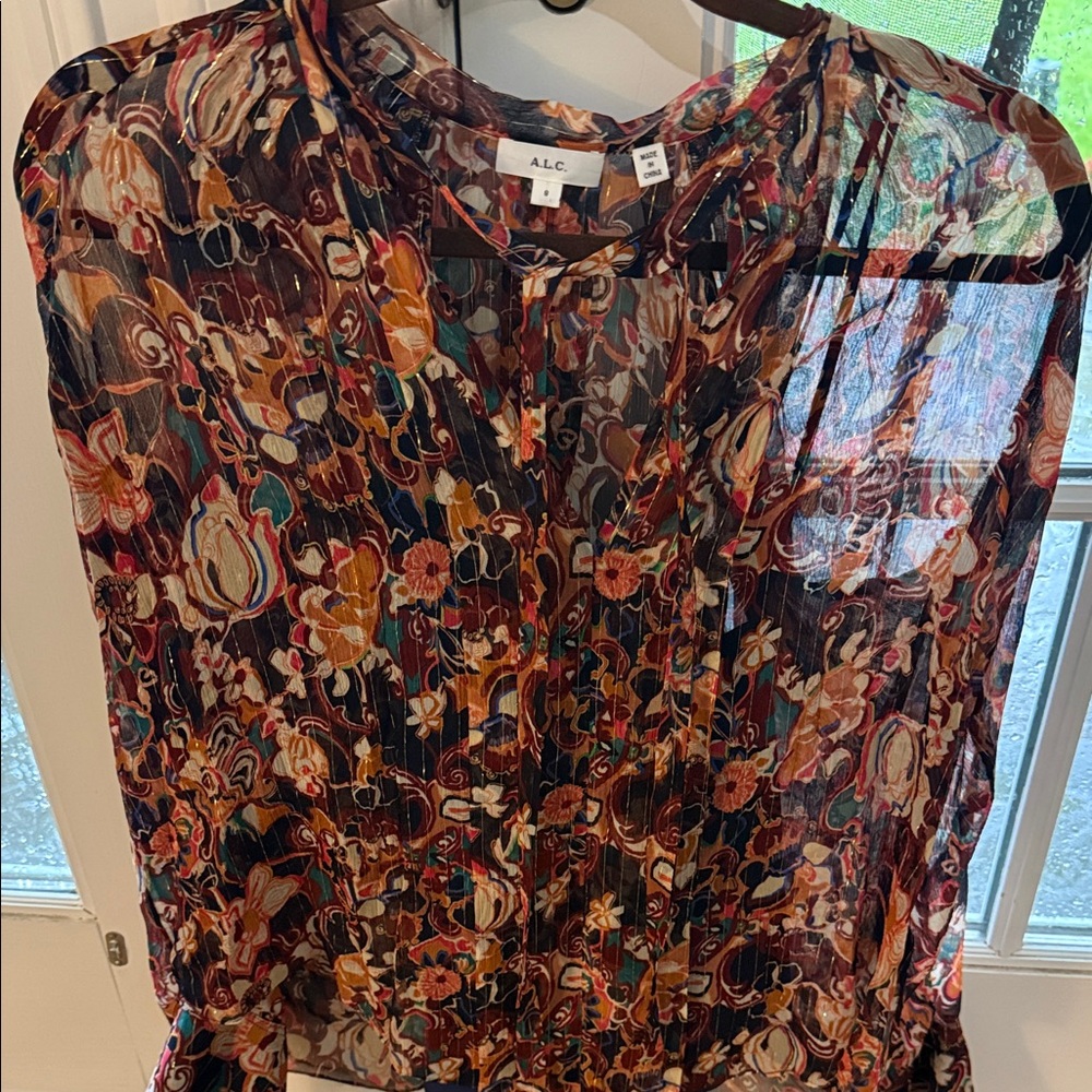 A.L.C. Sheer Floral Pleated Blouse in Blues, plum, Rust & Teal